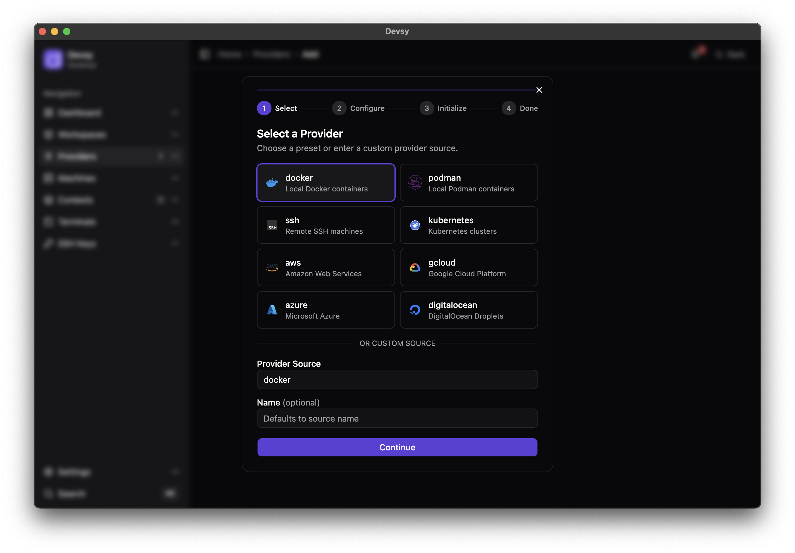 Providers screen with '+ Add' menu open, listing available providers to select